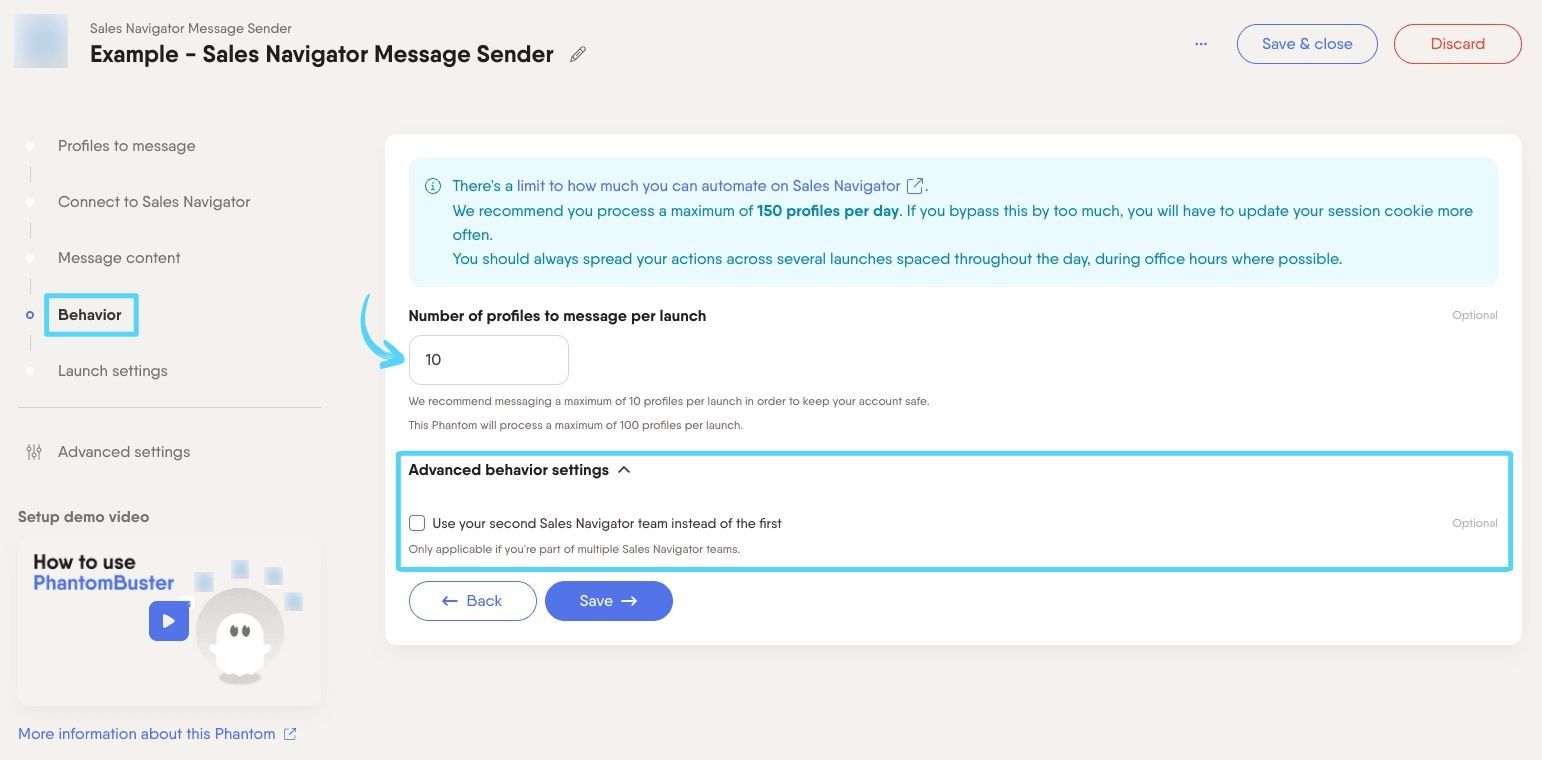 PhantomBuster Sales Navigator Message Sender step 4 configuring how many profiles to message per launch