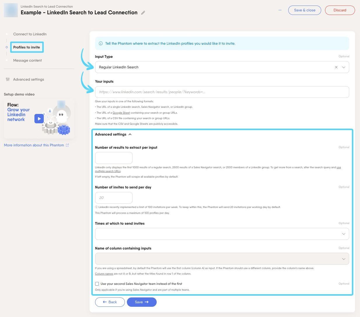 PhantomBuster LinkedIn Search to Lead Connection step 2 choosing which LinkedIn profiles to invite