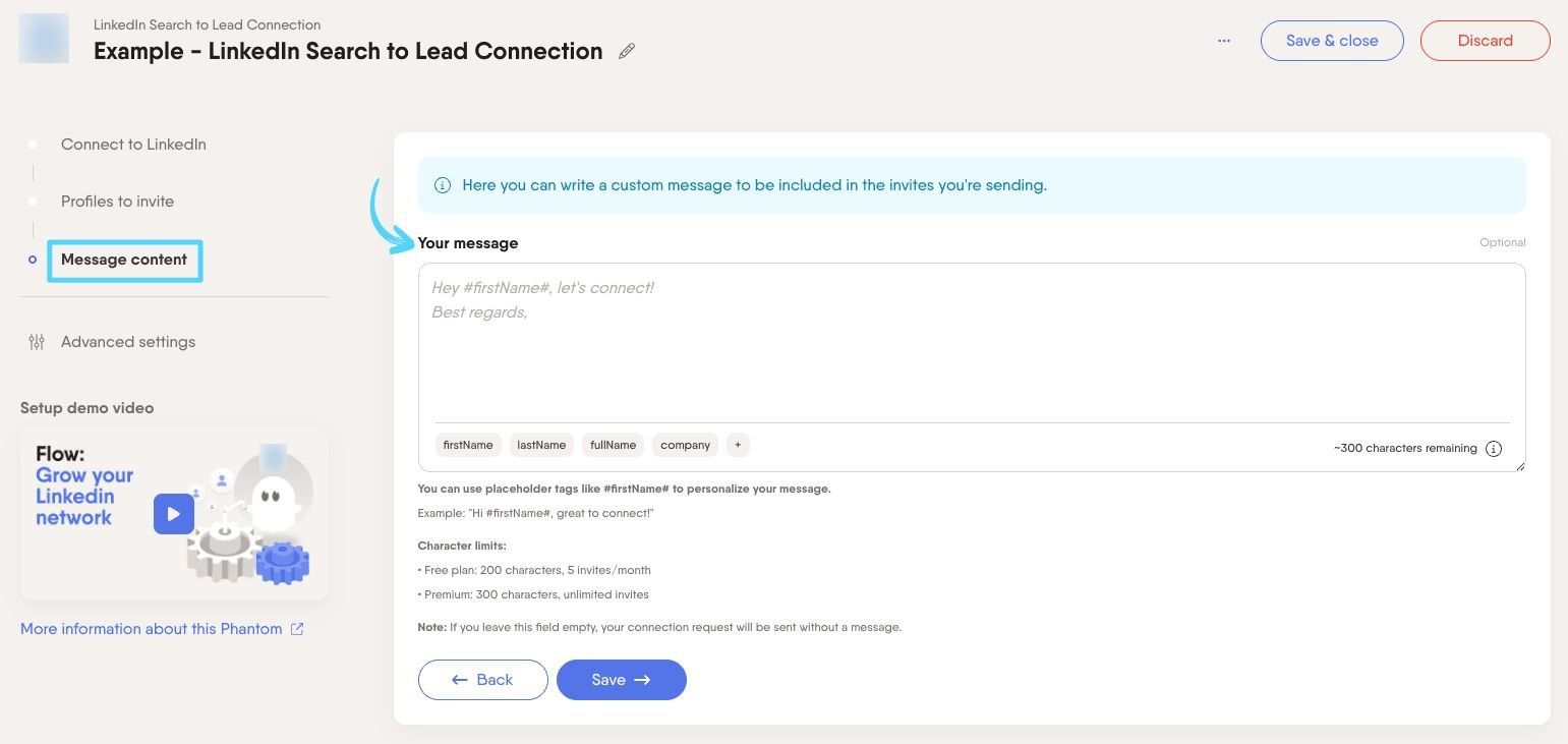 PhantomBuster LinkedIn Search to Lead Connection step 3 customizing your connection request