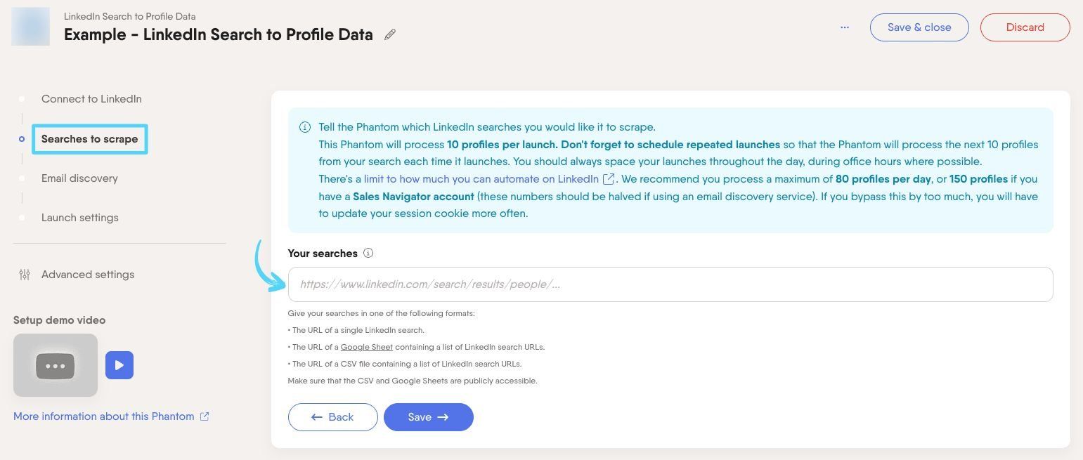 PhantomBuster LinkedIn Search to Profile Data step 2 providing your LinkedIn search URLs