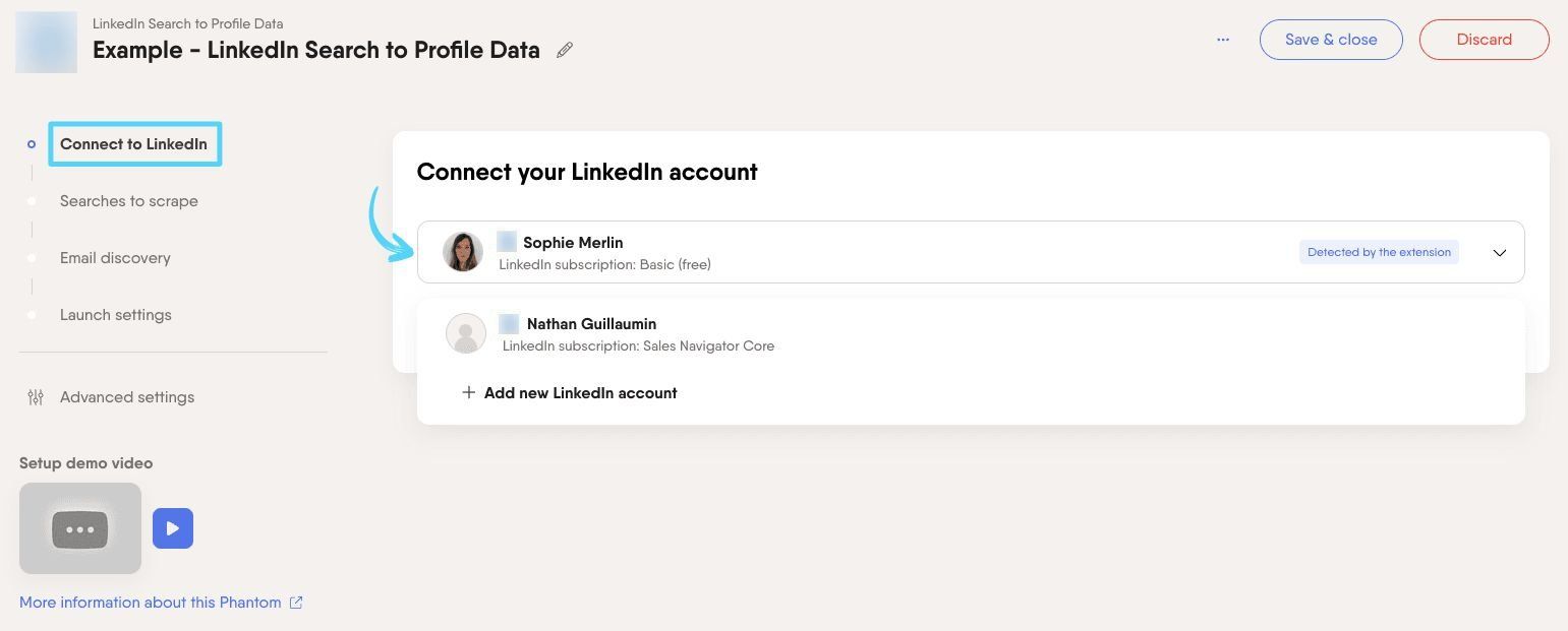 PhantomBuster LinkedIn Search to Profile Data step 1 connecting your LinkedIn account