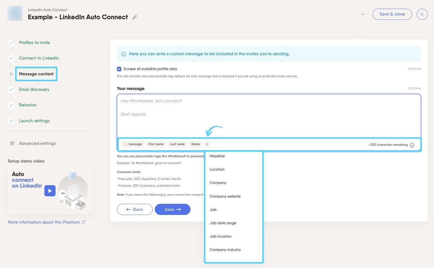 PhantomBuster LinkedIn Auto Connect Message content step with placeholder tag suggestions listed below the message box