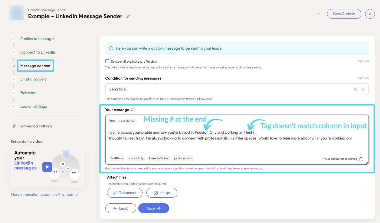 PhantomBuster Message content step with placeholder tags including a misspelled tag that will not be replaced
