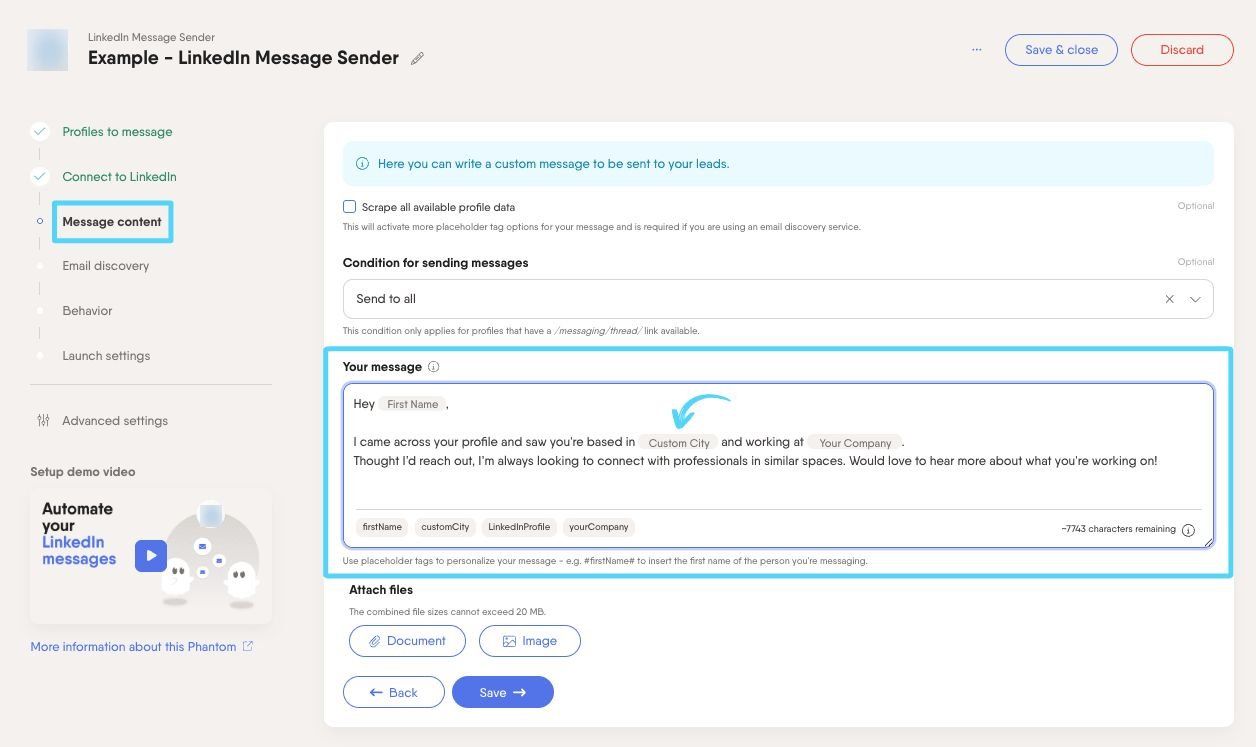 PhantomBuster Message content step using custom placeholder tag #customCity# in the message