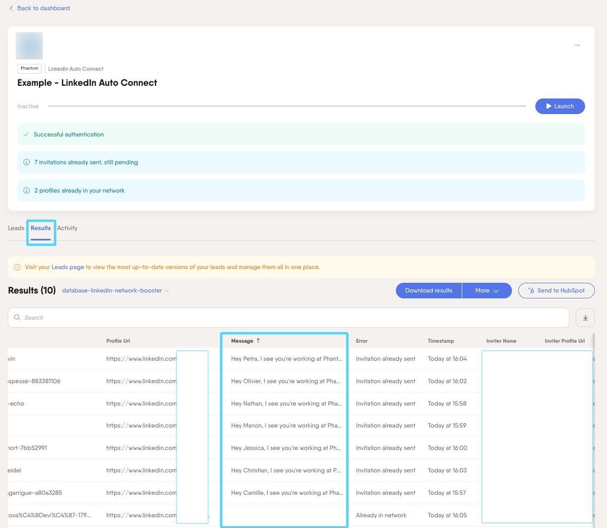 PhantomBuster Results tab showing the message column with personalized messages after placeholder tags were replaced