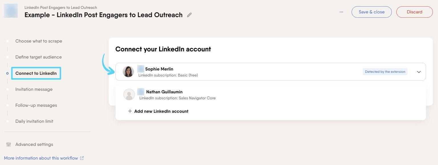PhantomBuster Workflow step 3 connecting a LinkedIn account