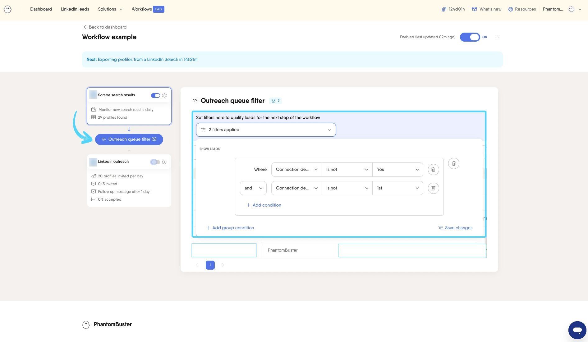 PhantomBuster Workflow Outreach queue filter used to refine the leads