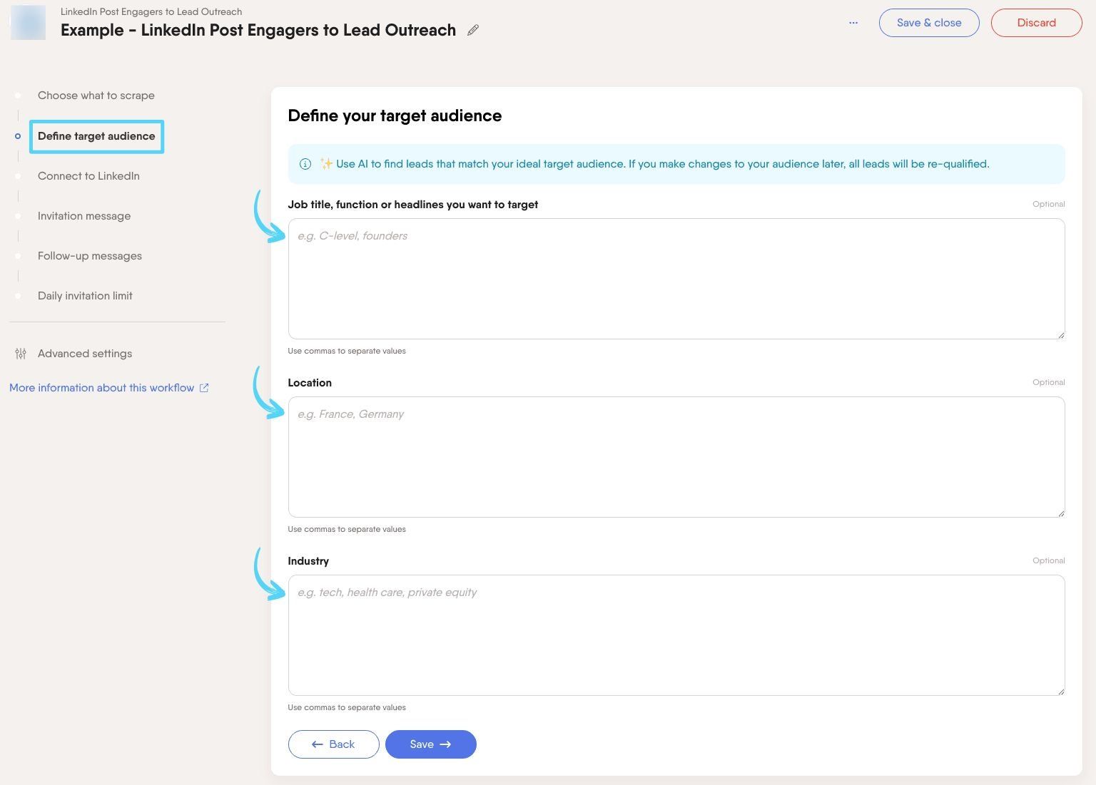 PhantomBuster Workflow step 2 defining the target audience with AI filters