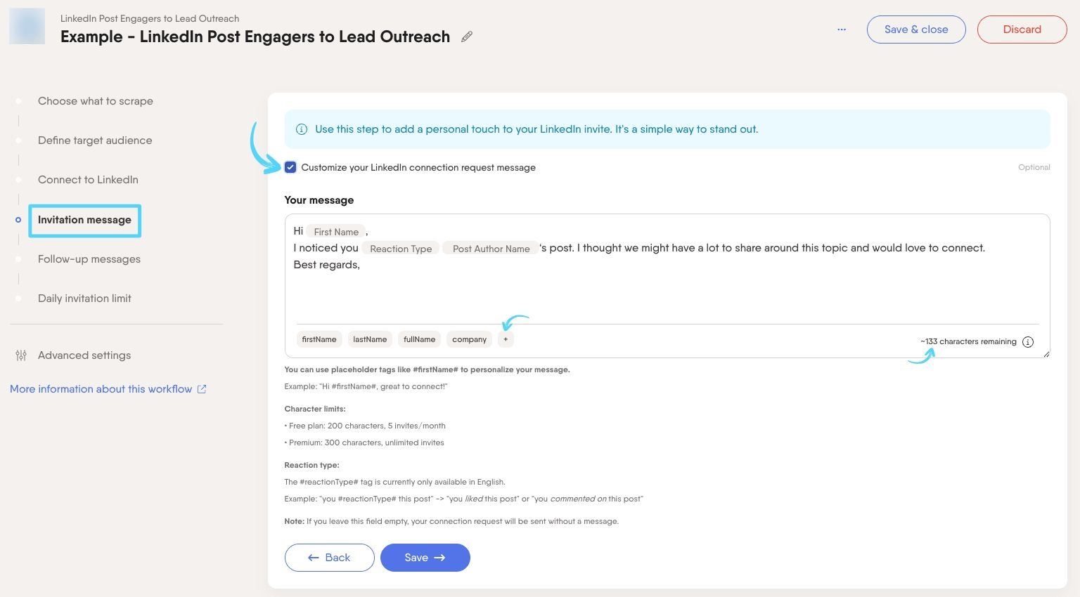 PhantomBuster Workflow step 4 customizing the LinkedIn connection request message