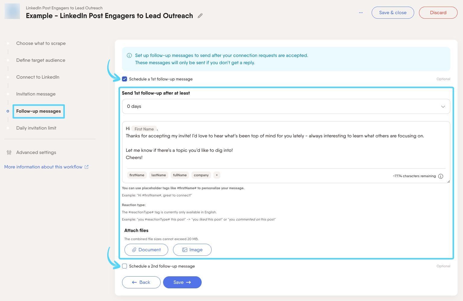 PhantomBuster Workflow step 5 writing and scheduling follow-up messages