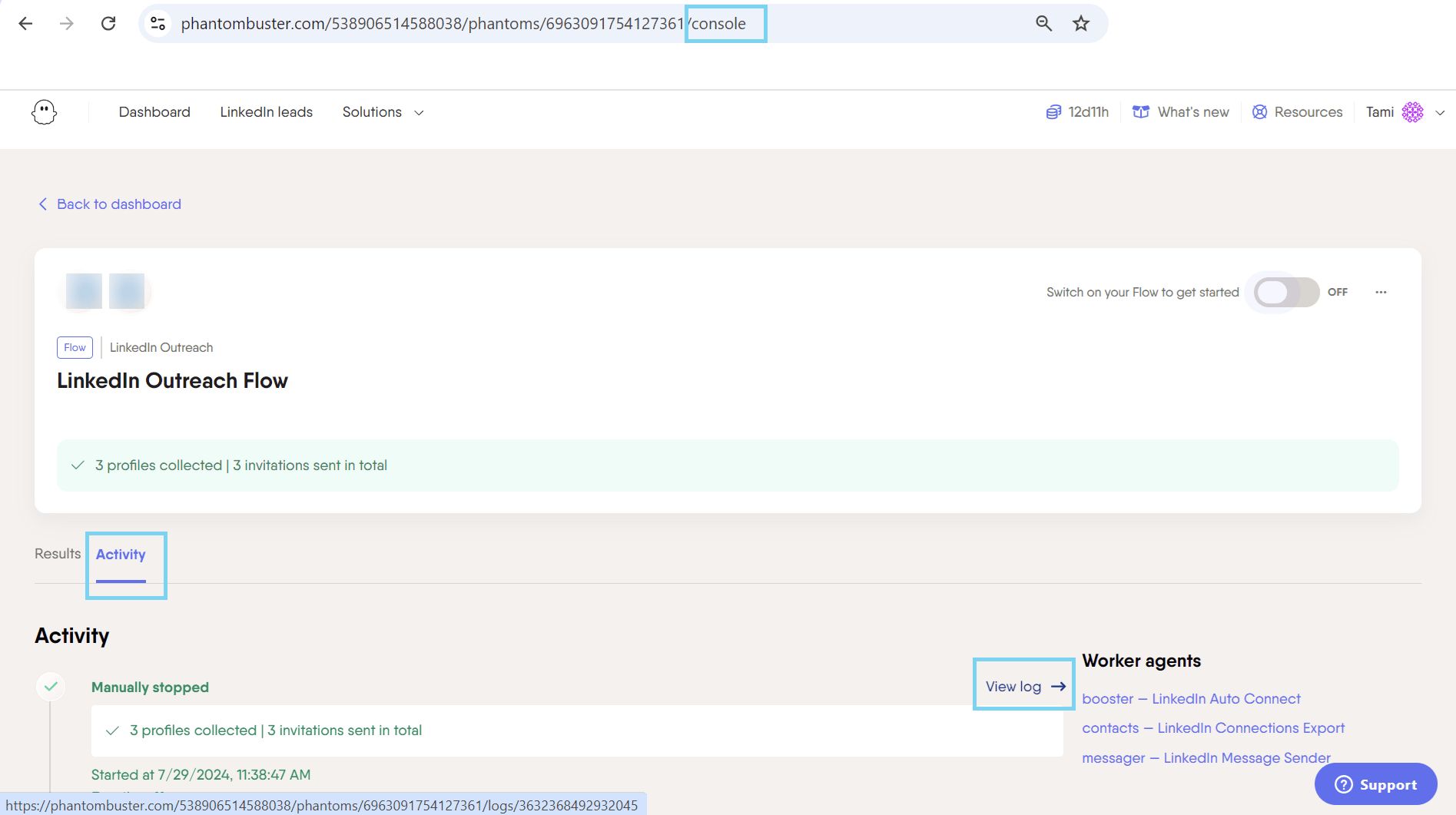 PhantomBuster Workflow console Activity tab showing how to hover over a launch and click View log