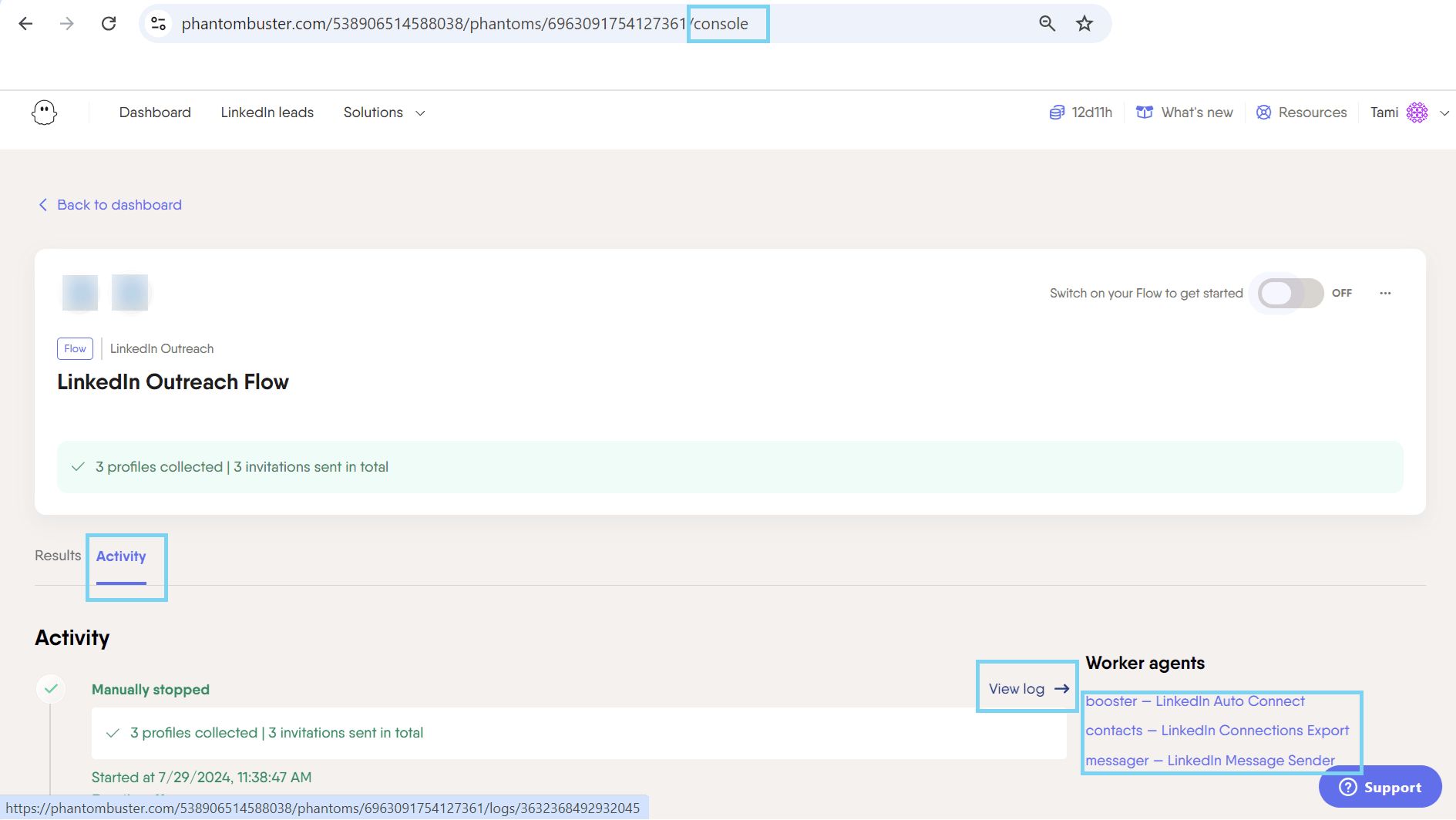 PhantomBuster worker agent Activity tab showing individual step logs within a Workflow