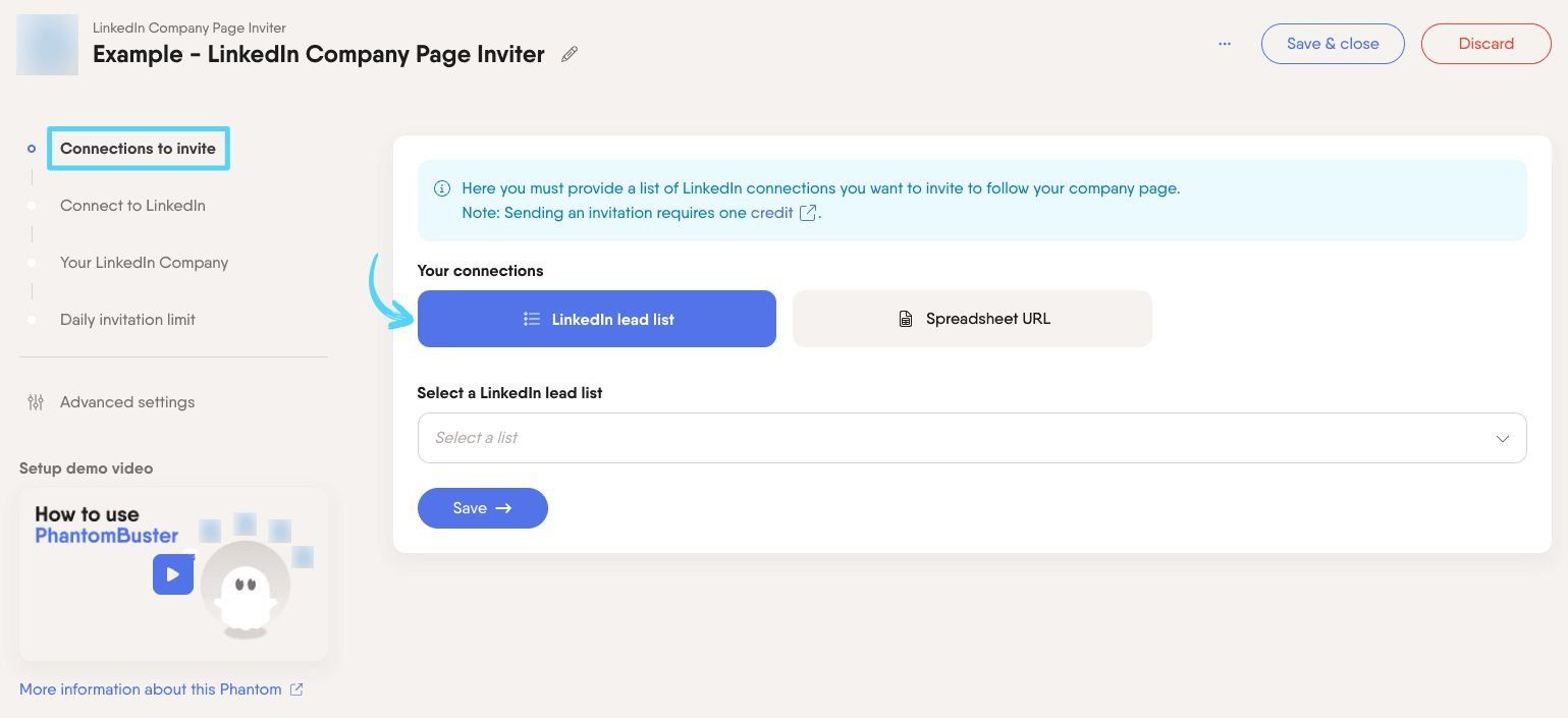 PhantomBuster LinkedIn Company Page Inviter step 1 providing your connections to invite