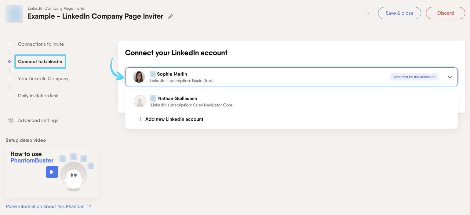 PhantomBuster LinkedIn Company Page Inviter step 2 connecting your LinkedIn account