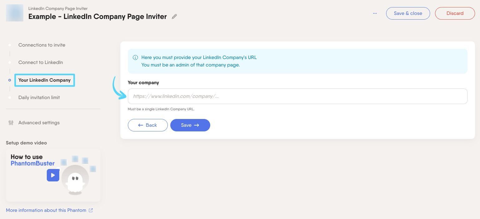 PhantomBuster LinkedIn Company Page Inviter step 3 adding your company page URL