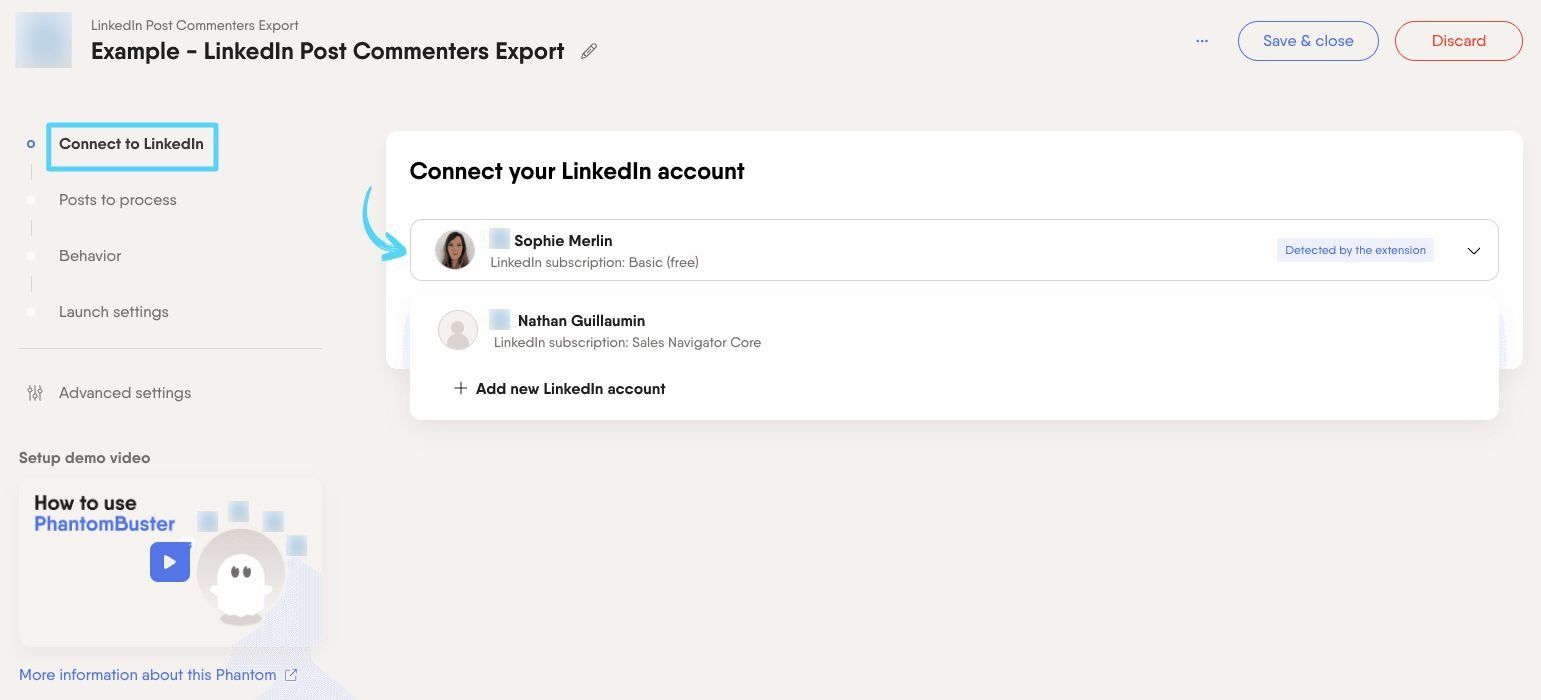 PhantomBuster LinkedIn Post Commenters Export step 1 connecting your LinkedIn account