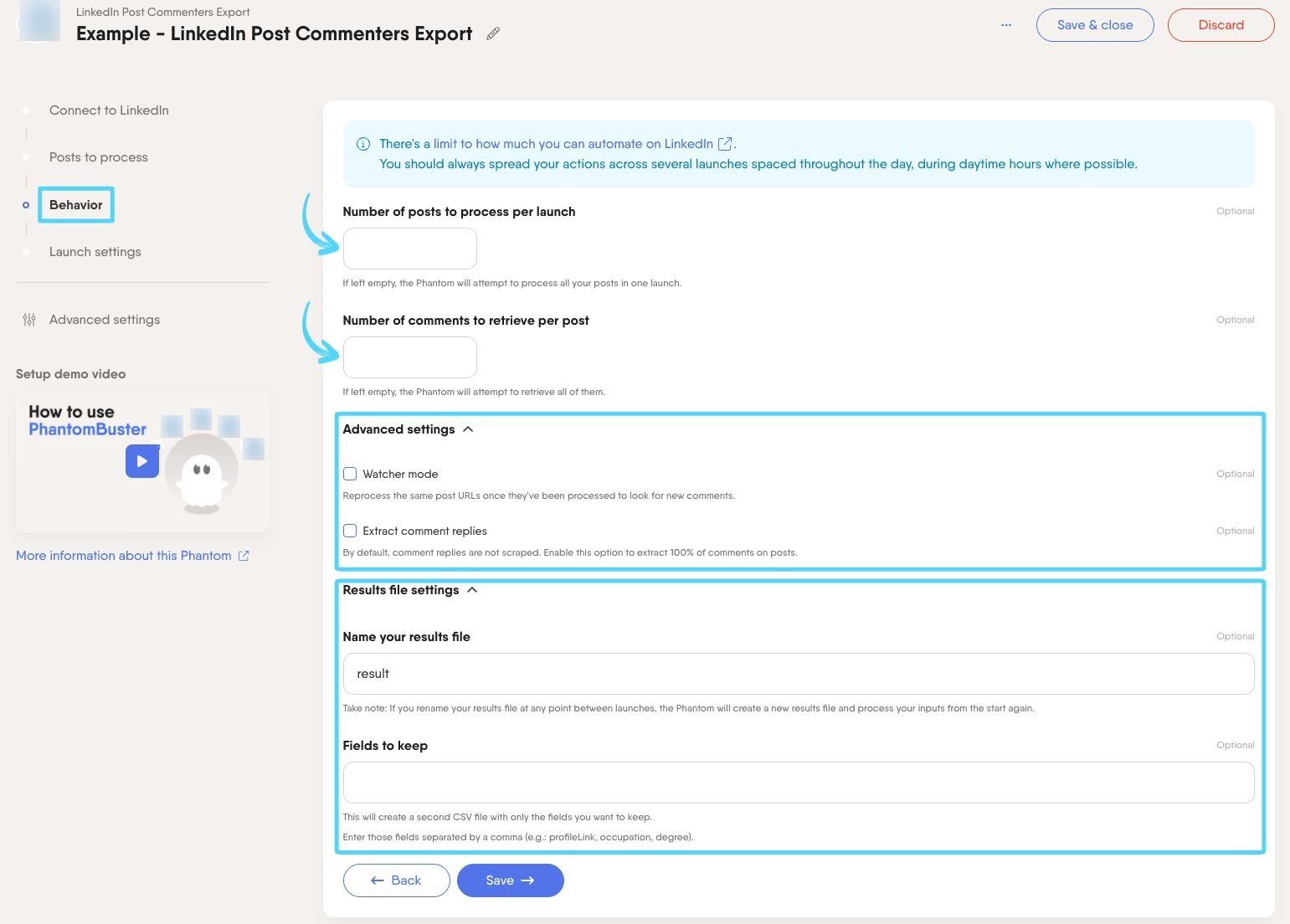 PhantomBuster LinkedIn Post Commenters Export step 3 controlling how many posts and comments are processed