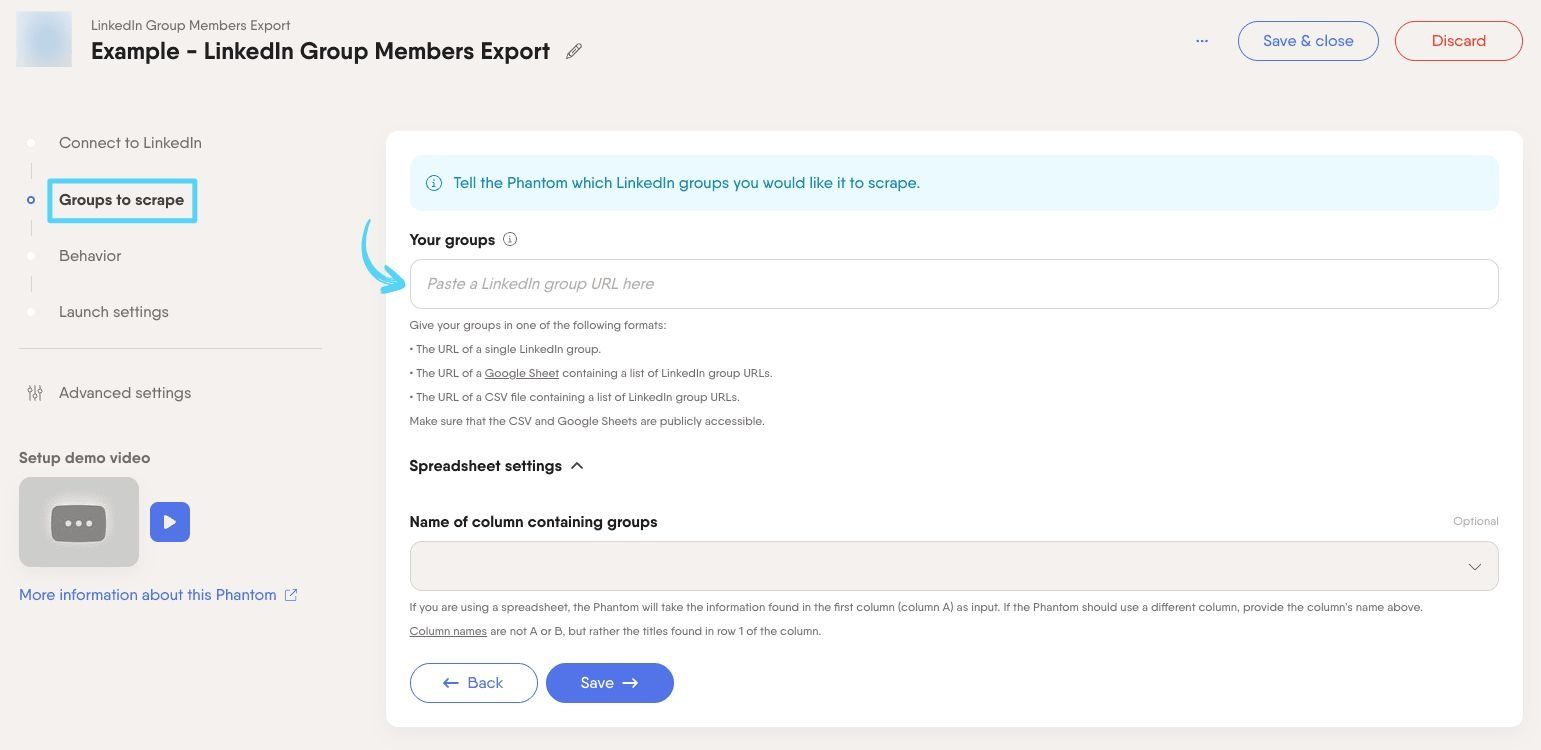 PhantomBuster LinkedIn Group Members Export step 2 providing LinkedIn group URLs