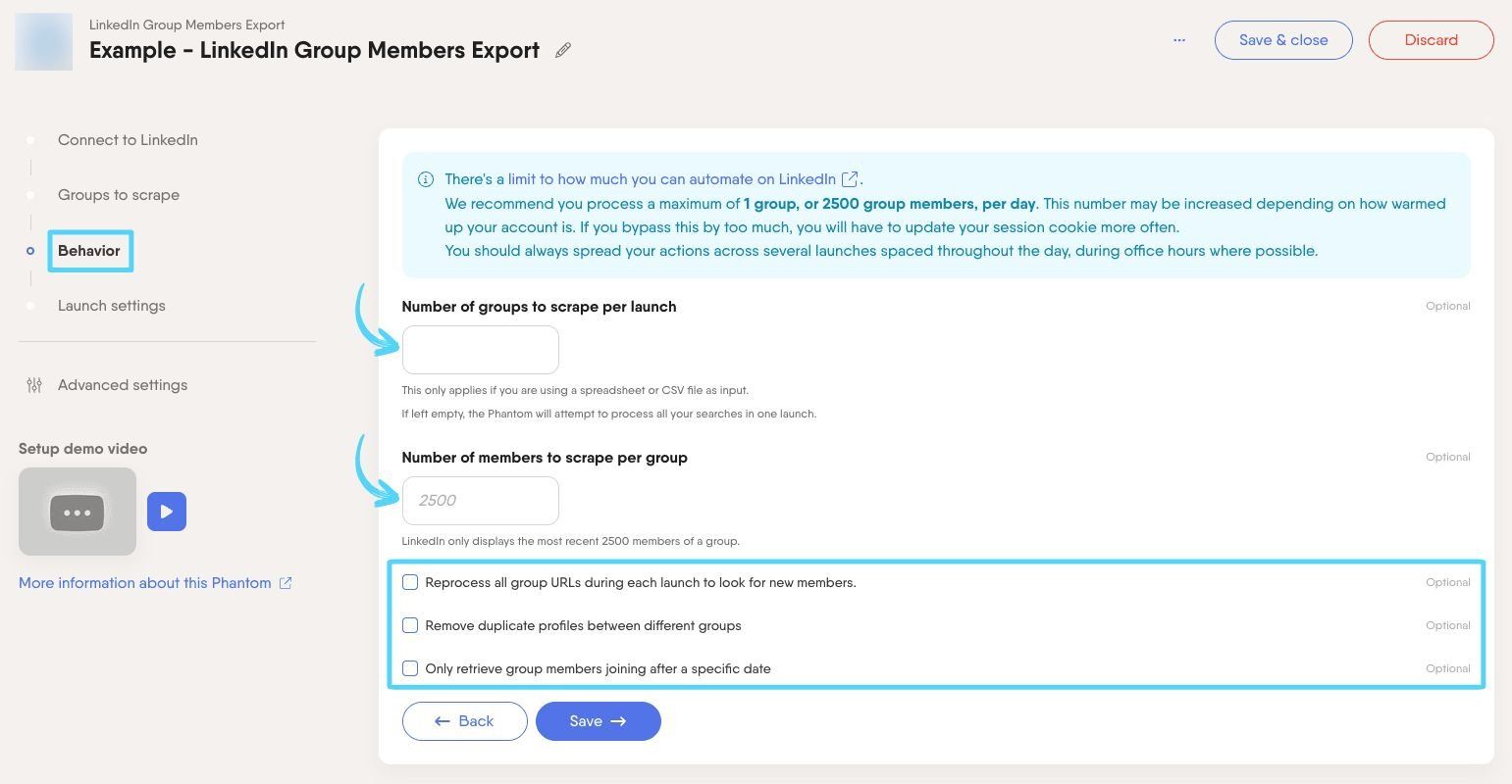 PhantomBuster LinkedIn Group Members Export step 3 configuring extraction settings