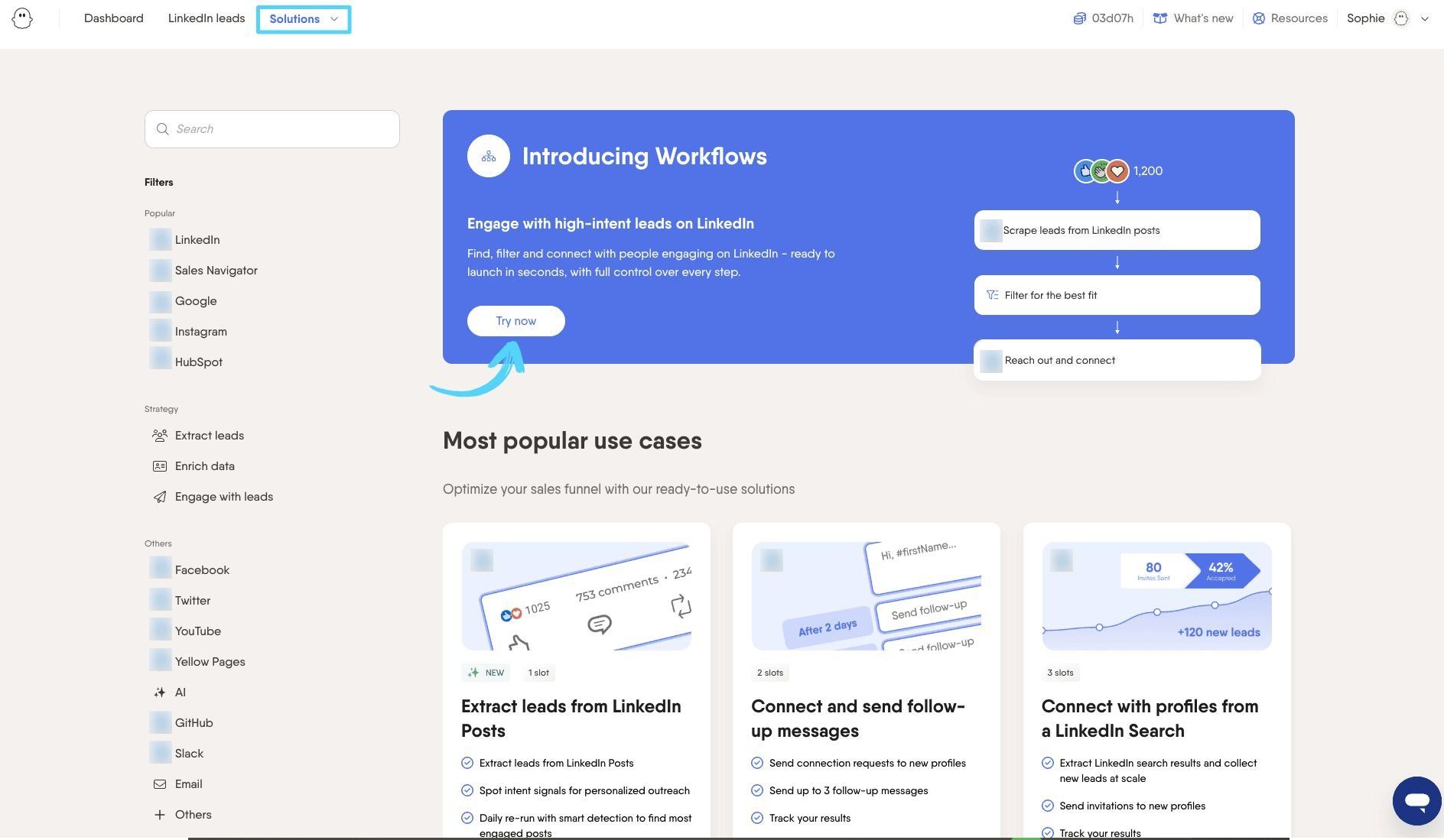 PhantomBuster Solutions page showing the dedicated Workflows banner with Try now button