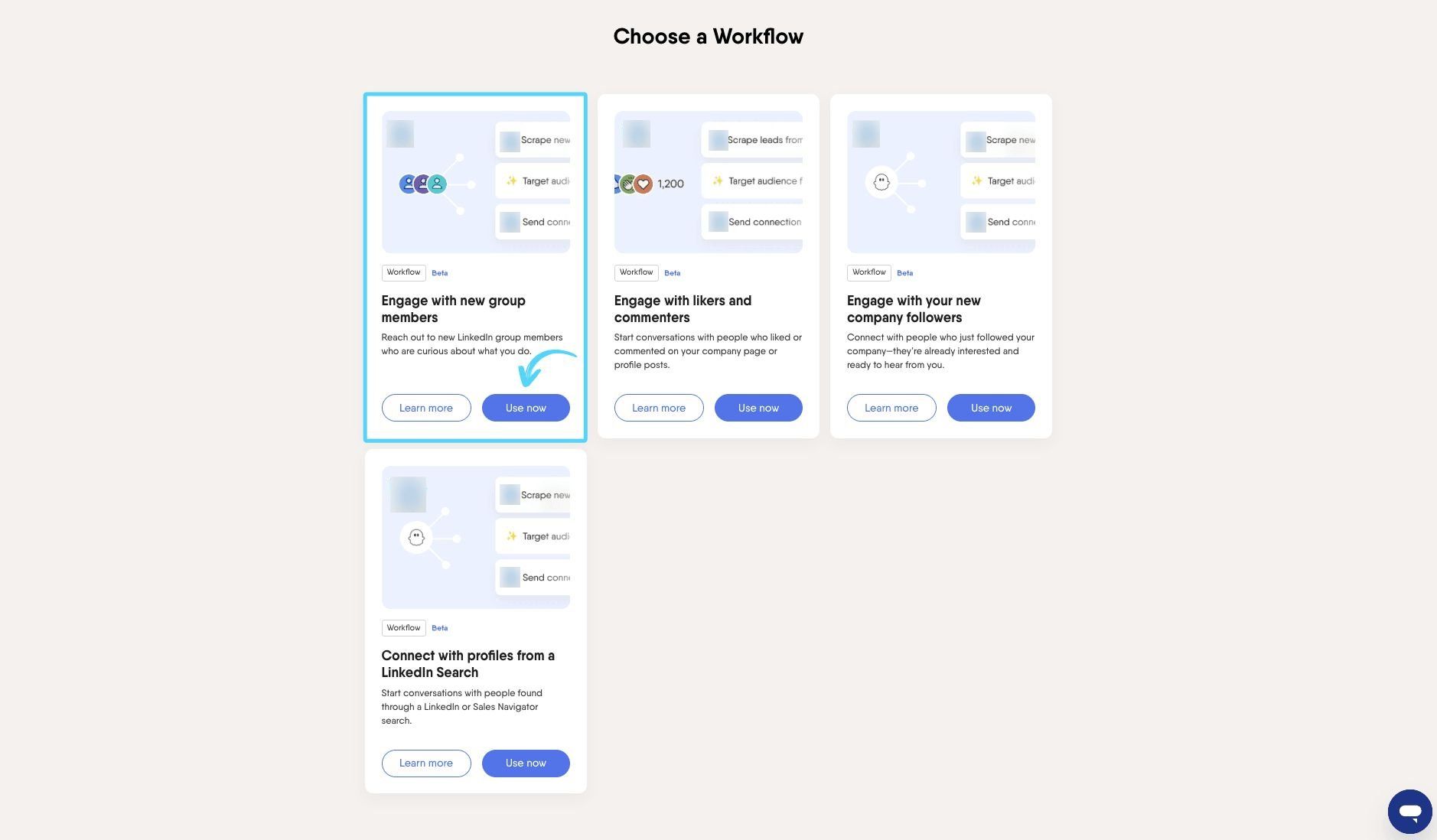 Four LinkedIn Workflow cards with Use now buttons on the Solutions page