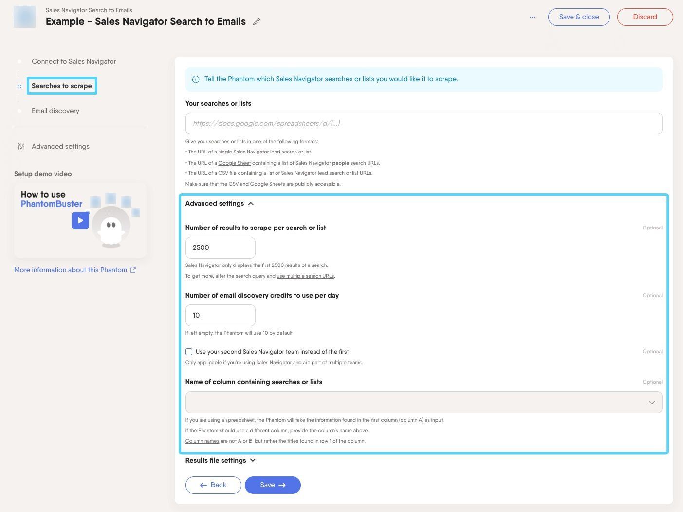 PhantomBuster Sales Navigator Search to Emails step 2 advanced settings for results and email credit limits