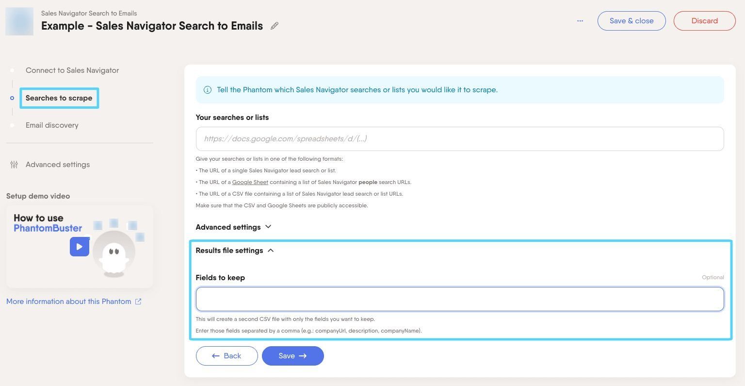 PhantomBuster Sales Navigator Search to Emails step 2 result file settings fields to keep