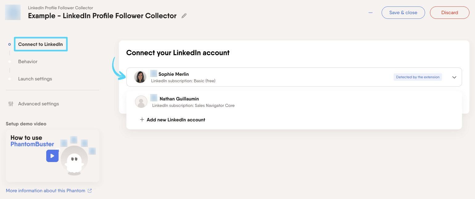 PhantomBuster LinkedIn Profile Follower Collector step 1 connecting your LinkedIn account