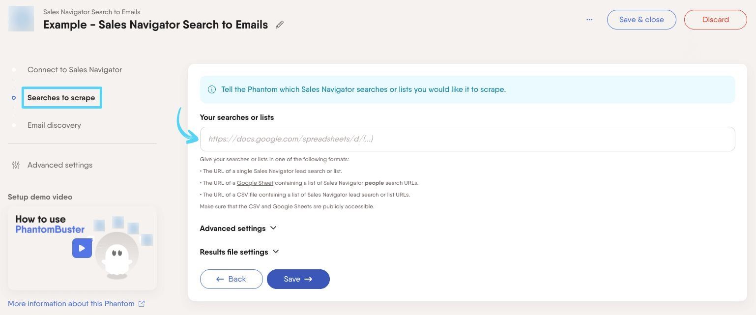 PhantomBuster Sales Navigator Search to Emails step 2 adding your search or list URLs