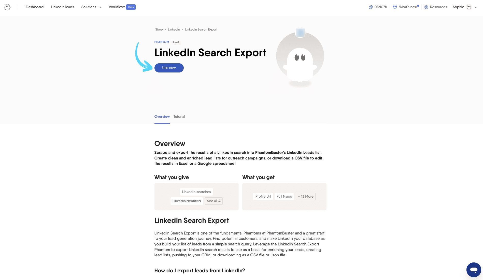 LinkedIn Search Export automation card with Use now button highlighted on the Solutions page