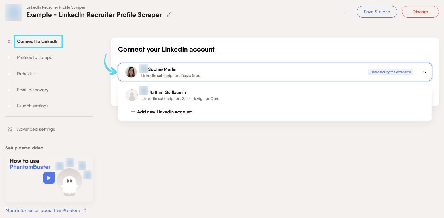 PhantomBuster LinkedIn Recruiter Profile Scraper step 1 connecting your LinkedIn account