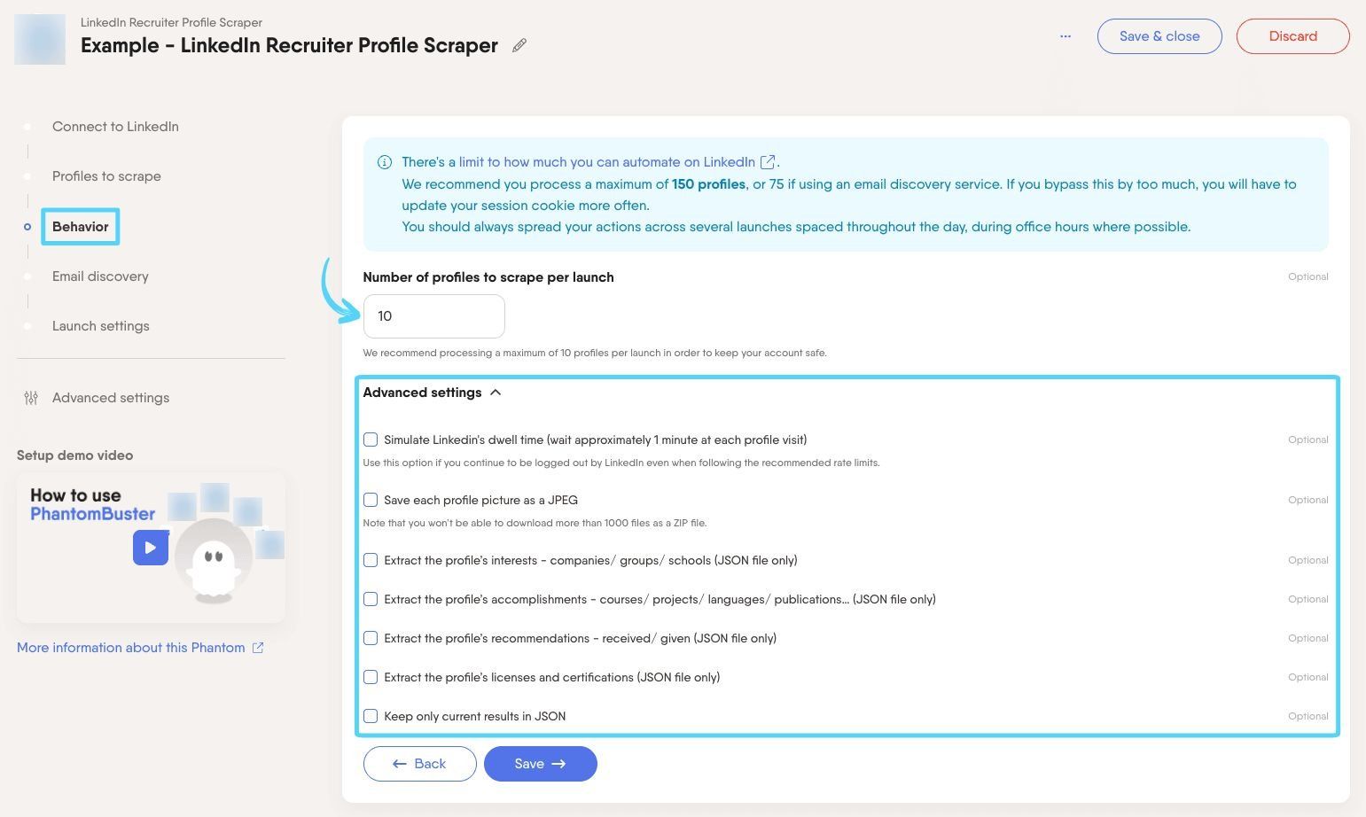 PhantomBuster LinkedIn Recruiter Profile Scraper step 3 choosing how many profiles to scrape per launch