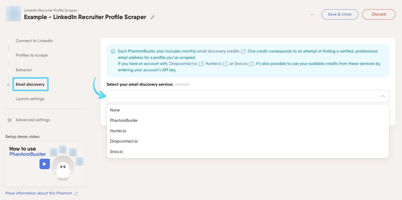 PhantomBuster LinkedIn Recruiter Profile Scraper step 4 enriching your leads with professional emails