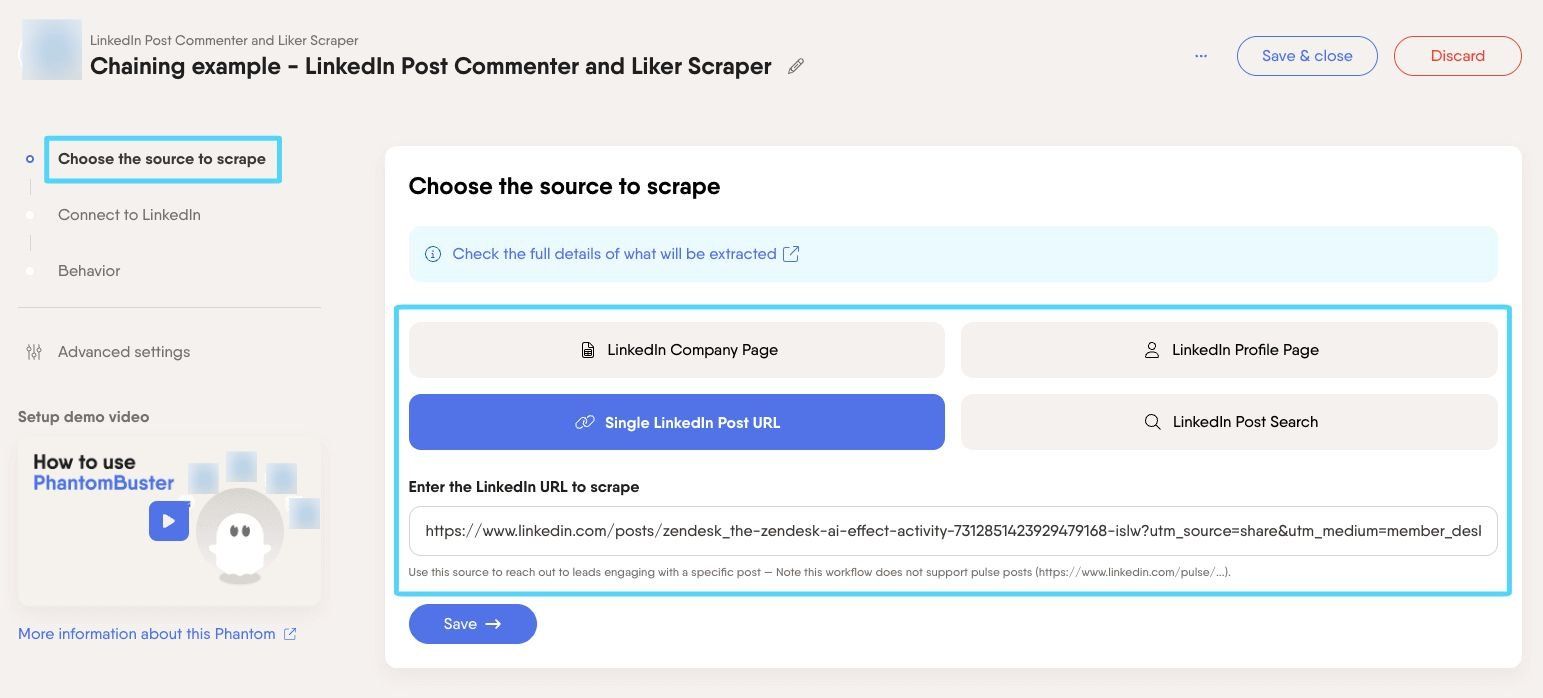 PhantomBuster LinkedIn Post Commenter and Liker Scraper setup with a company post URL pasted as input