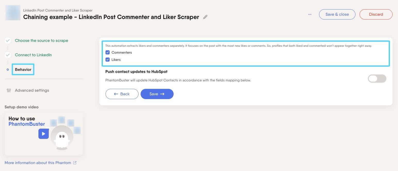 PhantomBuster Behavior step with options to extract leads who commented or liked a LinkedIn company post