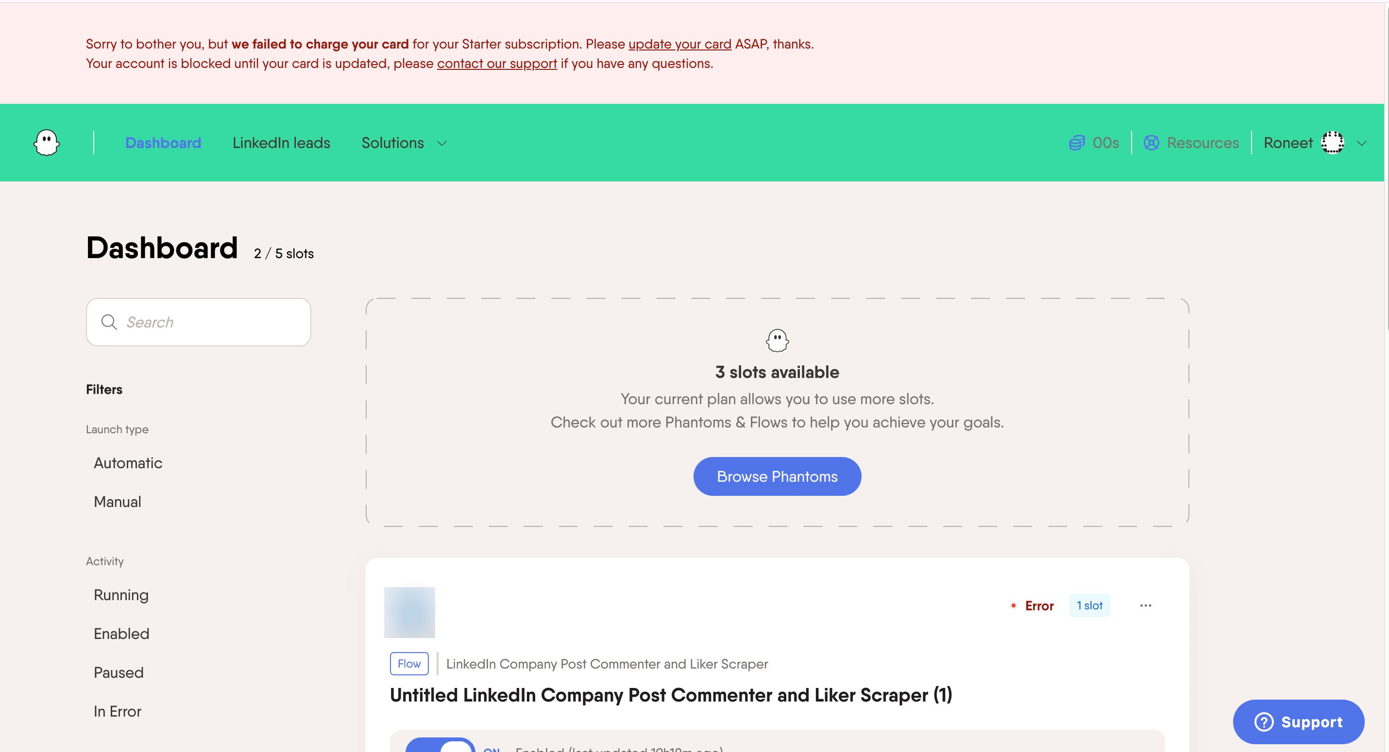PhantomBuster workspace showing a red banner warning that payment has failed and billing information needs to be updated