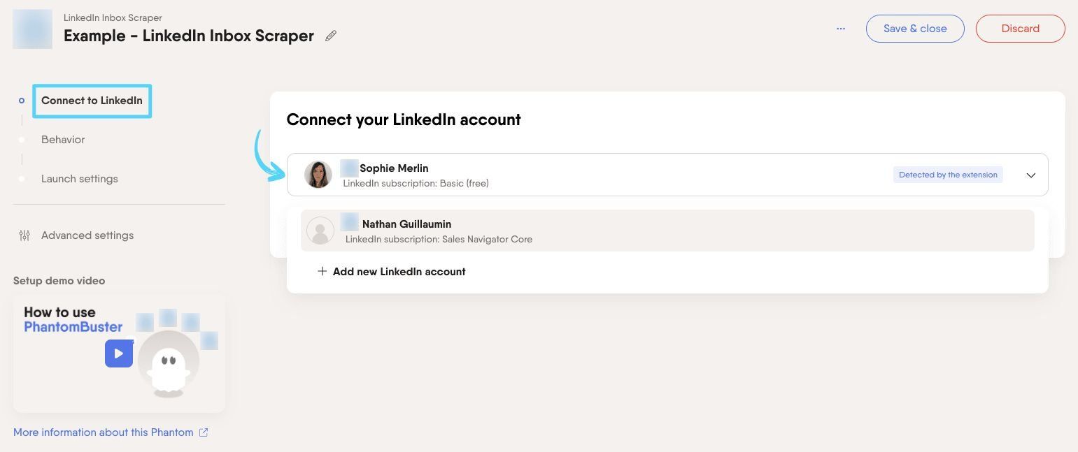 PhantomBuster LinkedIn Inbox Scraper step 1 connecting your LinkedIn account