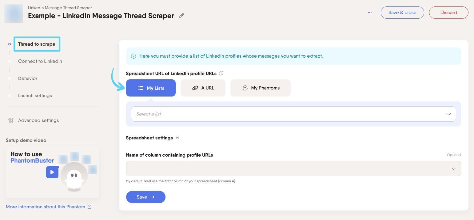 PhantomBuster LinkedIn Message Thread Scraper step 1 providing the profile URLs of people you have messaged