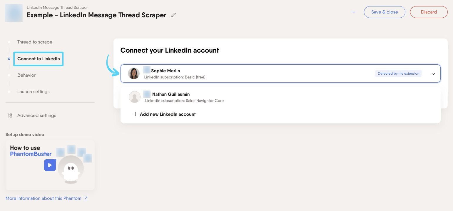 PhantomBuster LinkedIn Message Thread Scraper step 2 connecting your LinkedIn account