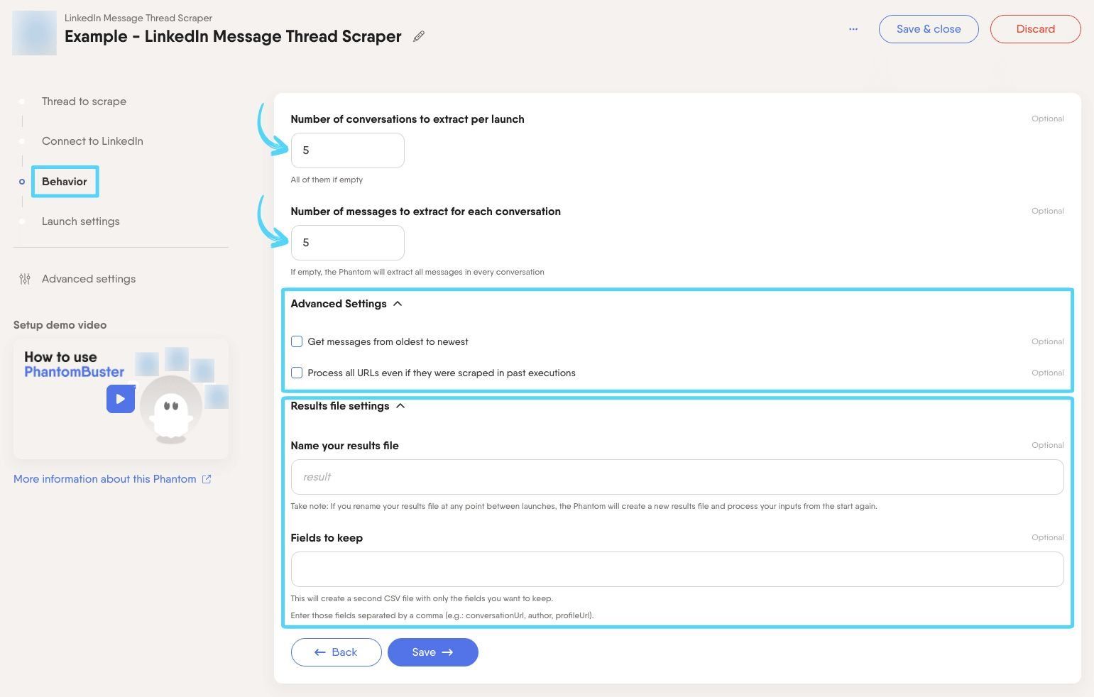 PhantomBuster LinkedIn Message Thread Scraper step 3 configuring conversation and message extraction settings