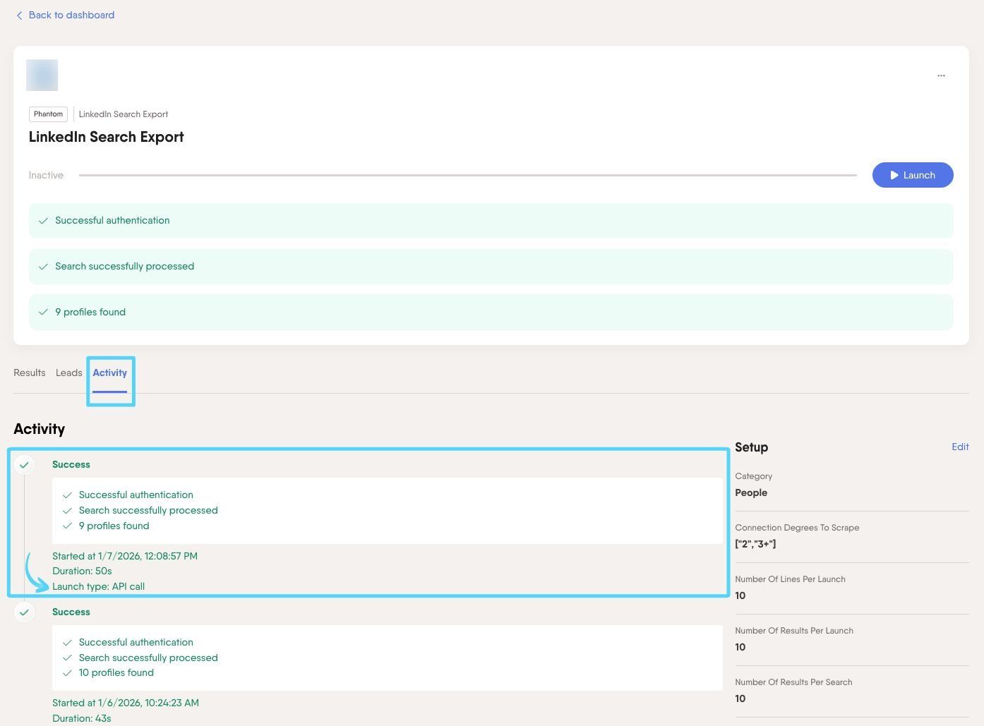 PhantomBuster Phantom Activity tab showing the API launch