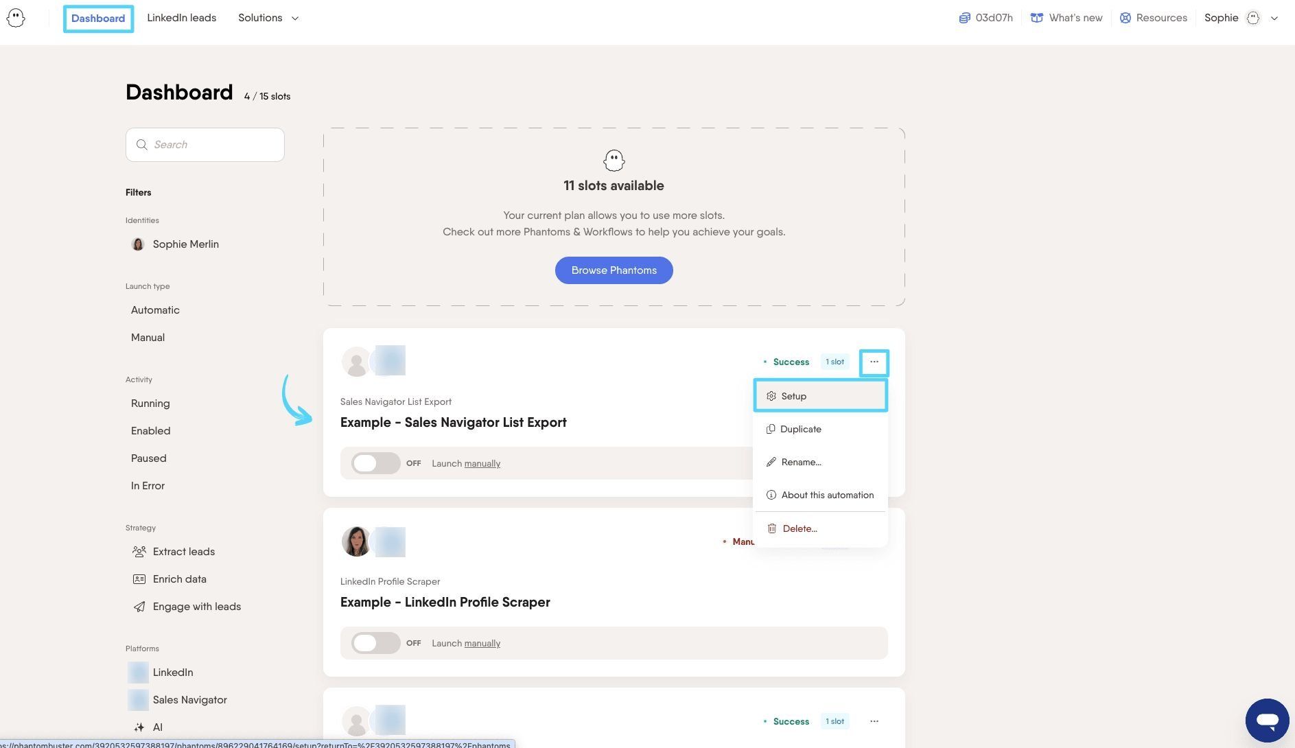 Three-dot menu on Phantom card with Setup option for transferring configuration