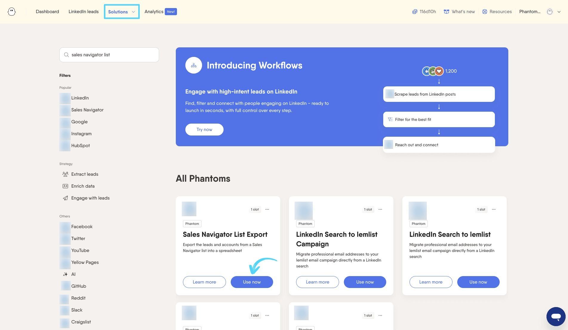 Solutions page with the matching Phantom selected in the target workspace