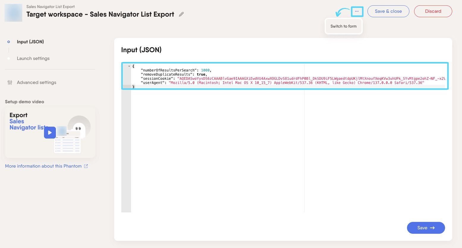 JSON view in target workspace with pasted Phantom configuration