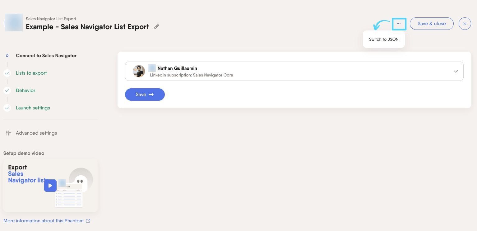 Setup page three-dot menu showing Switch to JSON option