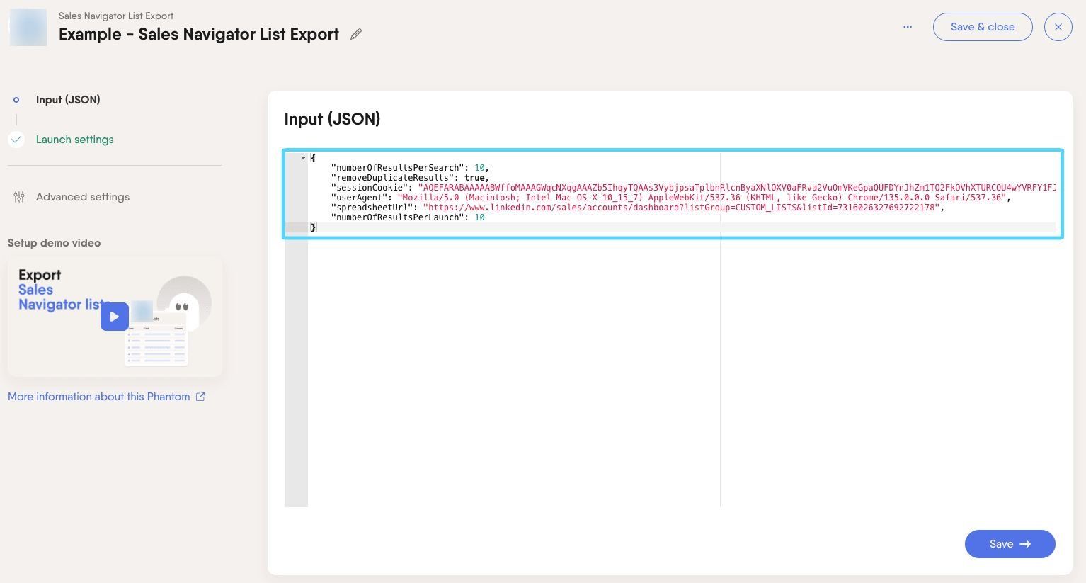 JSON configuration view with full Phantom setup ready to copy