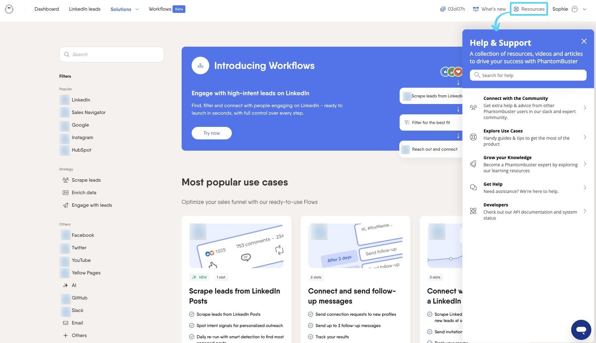 PhantomBuster Resources section in the top-right corner showing support and learning options