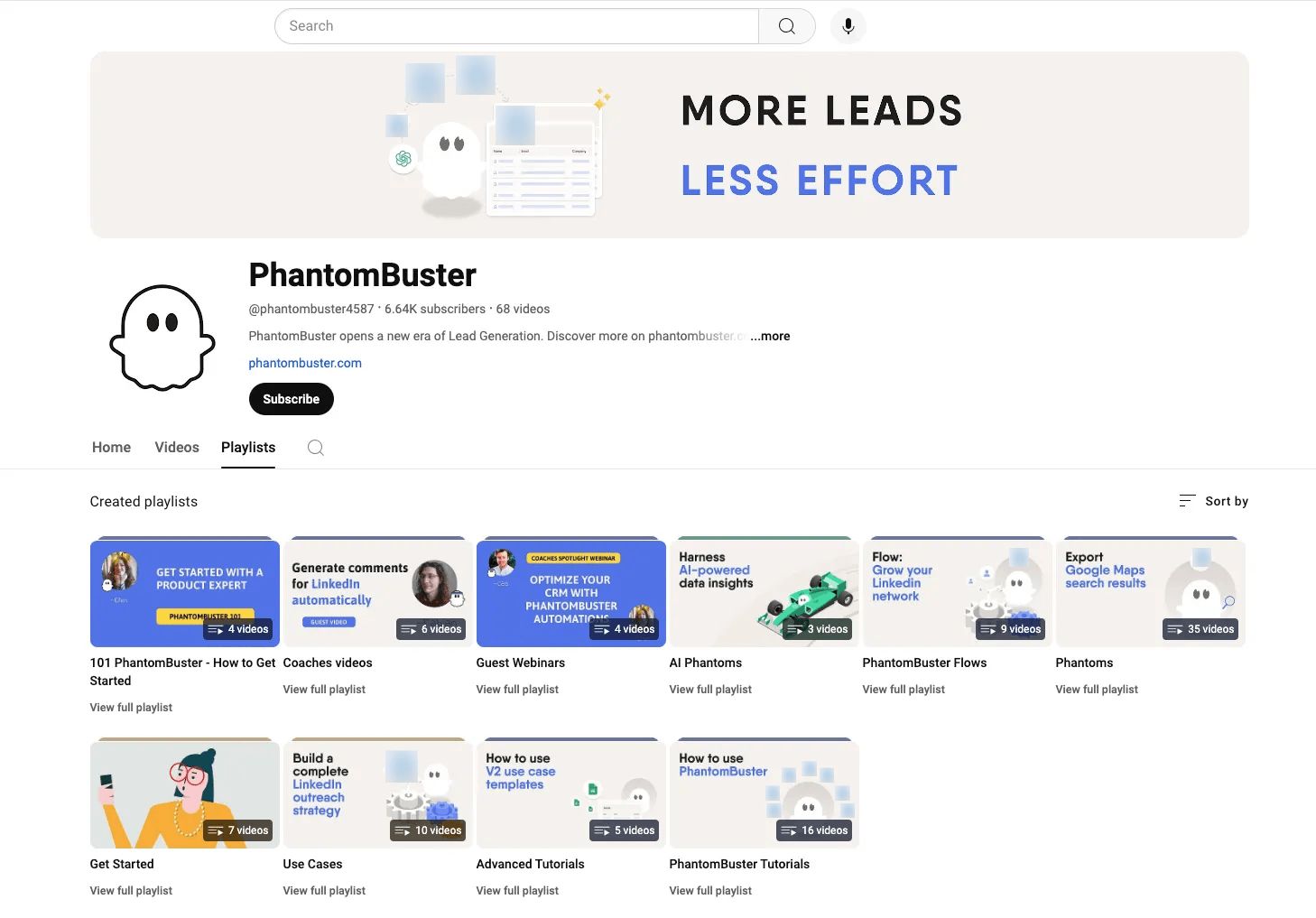 PhantomBuster YouTube channel page showing video tutorials and recorded webinars