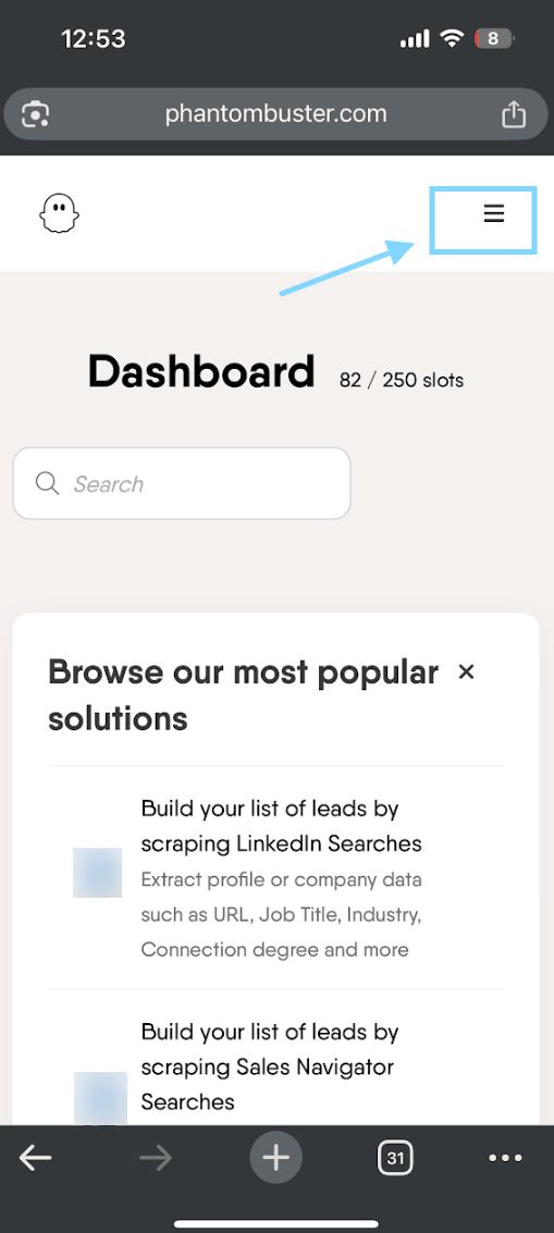 PhantomBuster mobile view showing hamburger menu icon in top-left corner