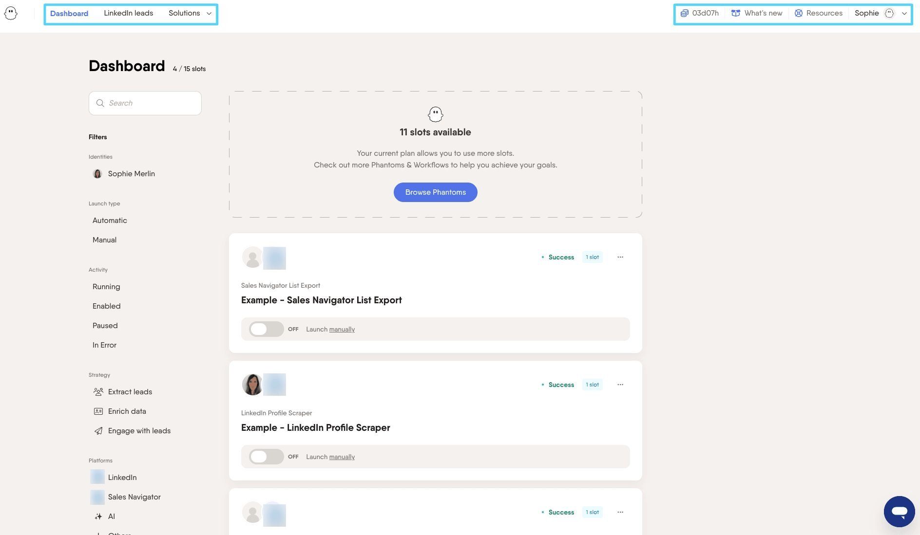 PhantomBuster workspace overview showing Dashboard, LinkedIn leads, Solutions page, and top-right controls
